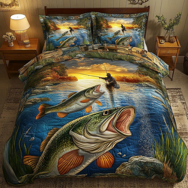Big Catch quilted 3-piece bedding set on a made bed with two matching pillow shams