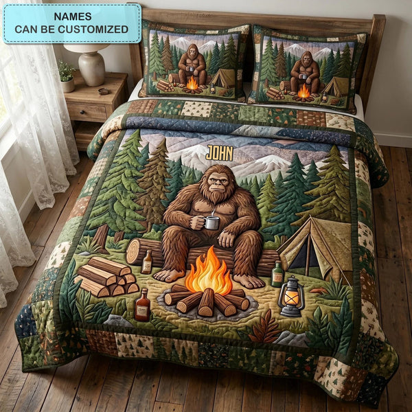 Big Foot Journey Personalized Custom quilted 3-piece bedding set on a made bed with two matching pillow shams