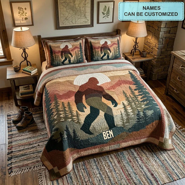 Big Foot Wander Personalized Custom quilted 3-piece bedding set on a made bed with two matching pillow shams