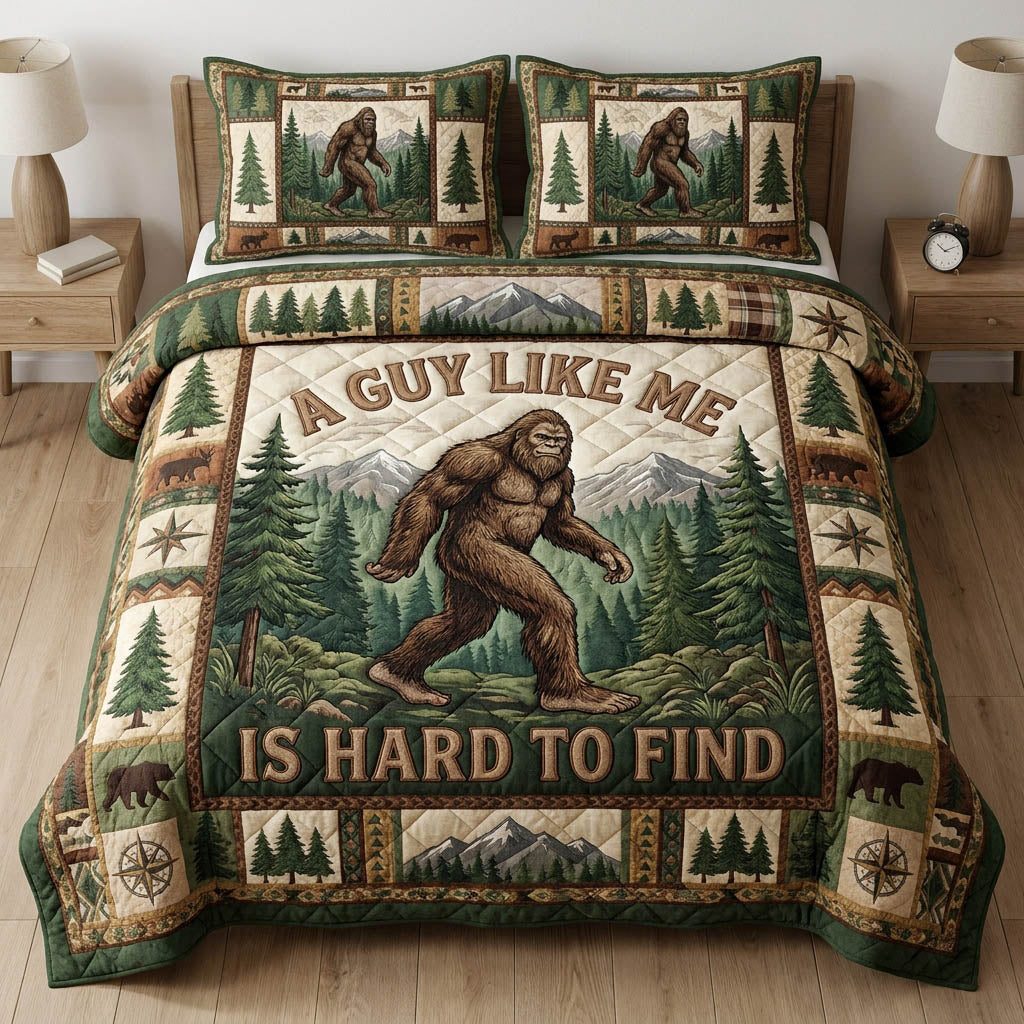 Bigfoot Camp quilted 3-piece bedding set on a made bed with two matching pillow shams