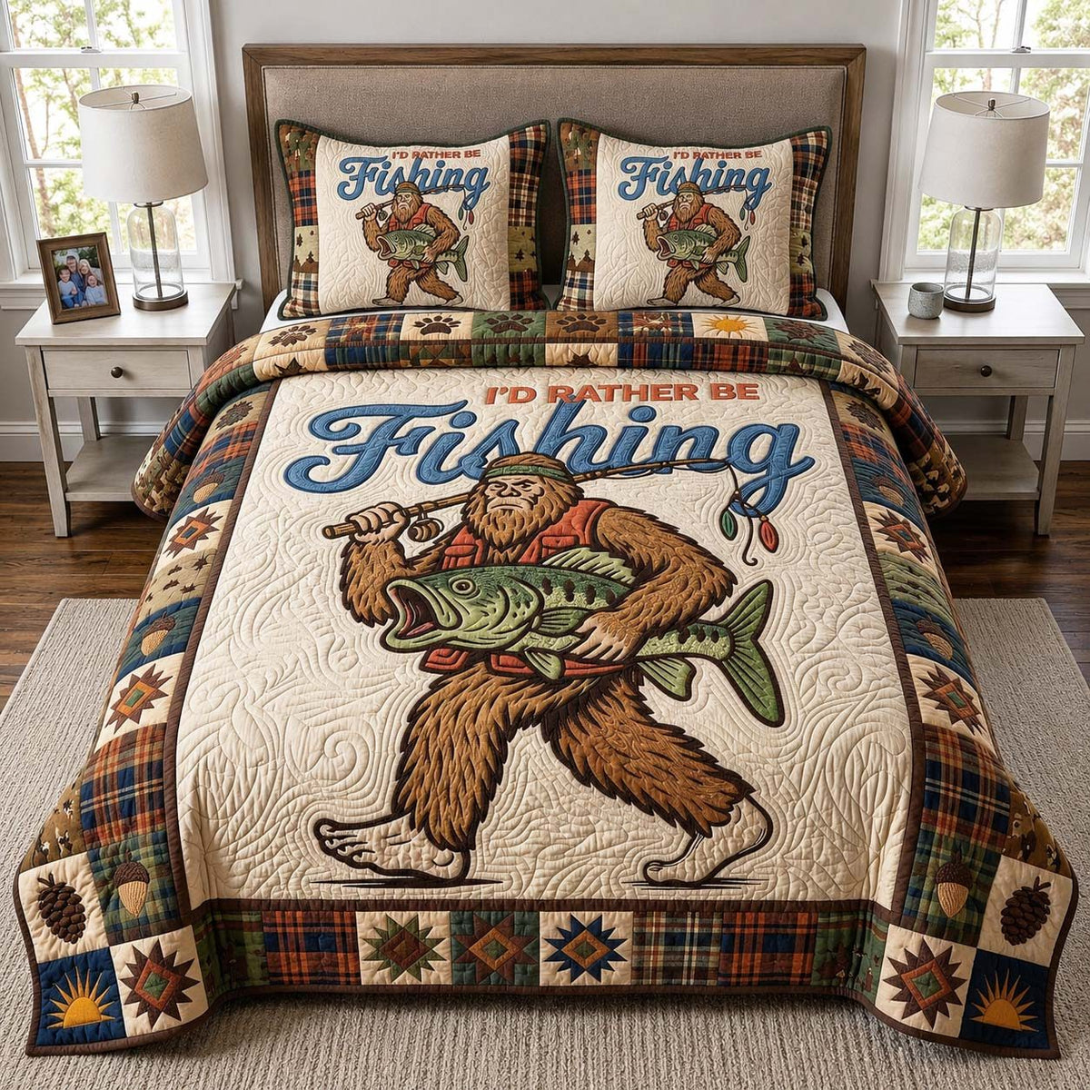 Bigfoot Catch quilted 3-piece bedding set on a made bed with two matching pillow shams