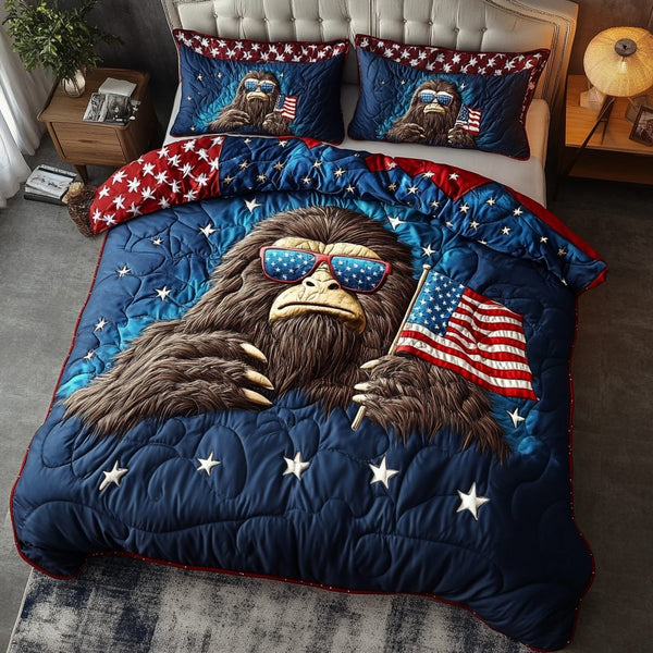 BigFoot Chill quilted 3-piece bedding set on a made bed with two matching pillow shams
