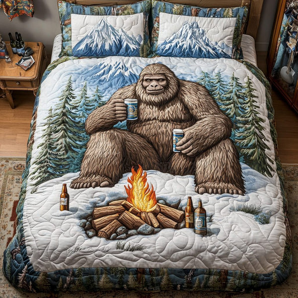 Bigfoot Discovery quilted 3-piece bedding set on a made bed with two matching pillow shams