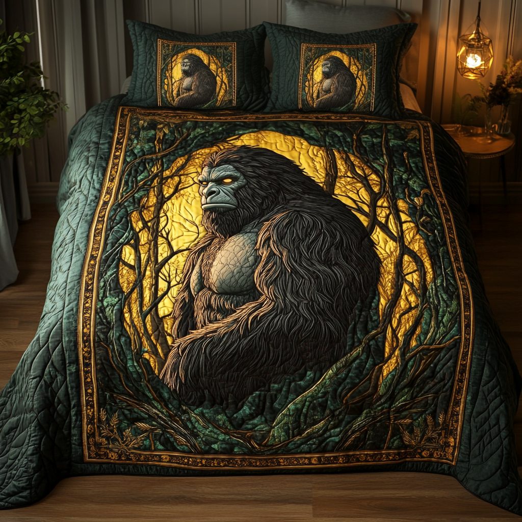 Bigfoot Enchanted Moon quilted 3-piece bedding set on a made bed with two matching pillow shams