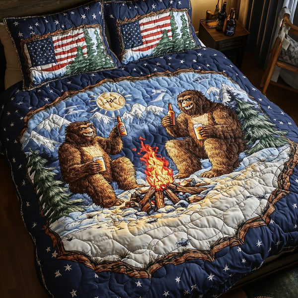 Bigfoot Expedition quilted 3-piece bedding set on a made bed with two matching pillow shams