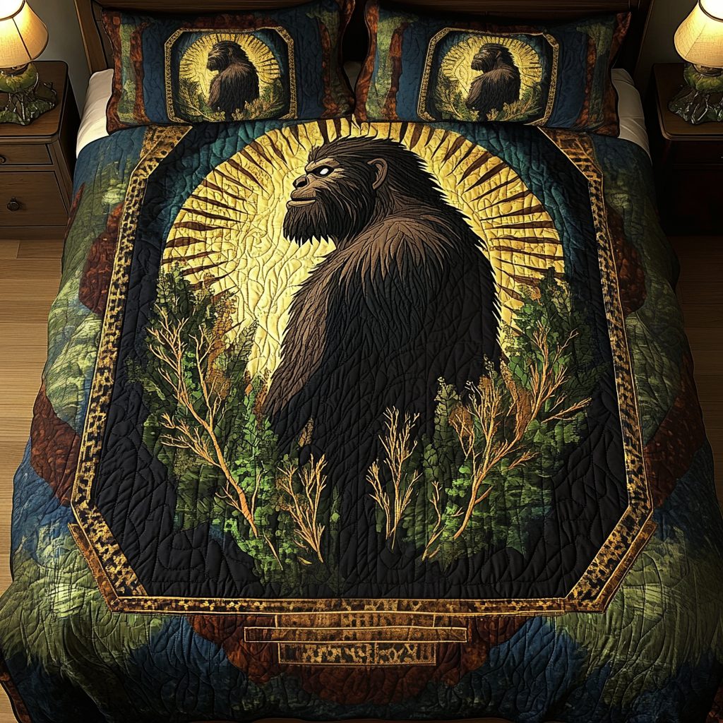 Bigfoot Golden Aura quilted 3-piece bedding set on a made bed with two matching pillow shams