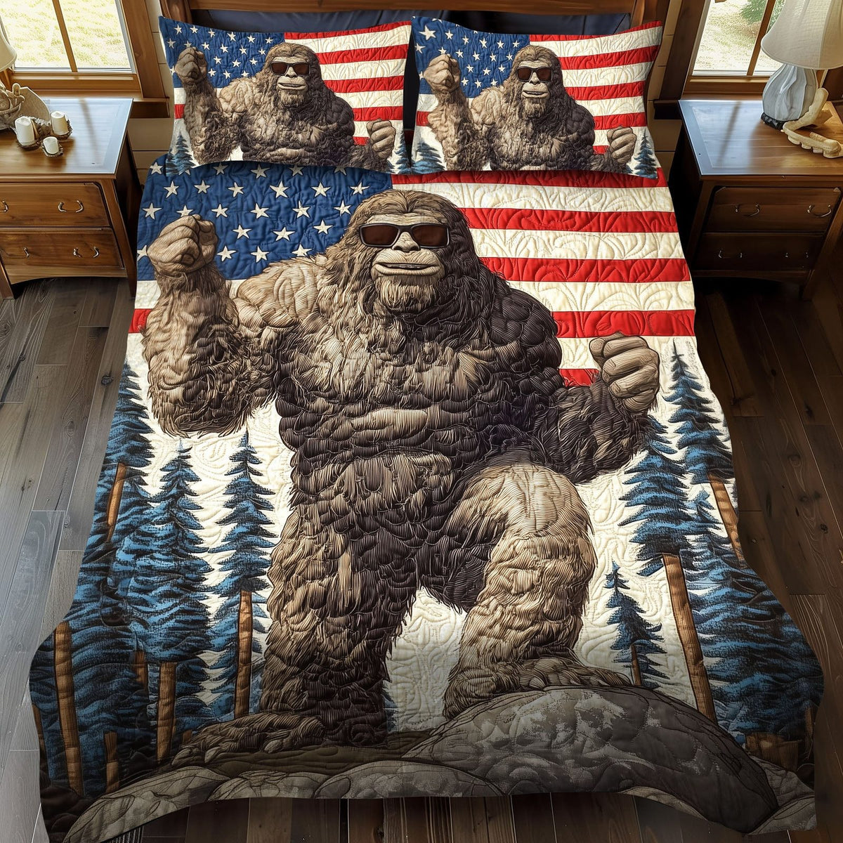 Bigfoot in the Wild quilted 3-piece bedding set on a made bed with two matching pillow shams