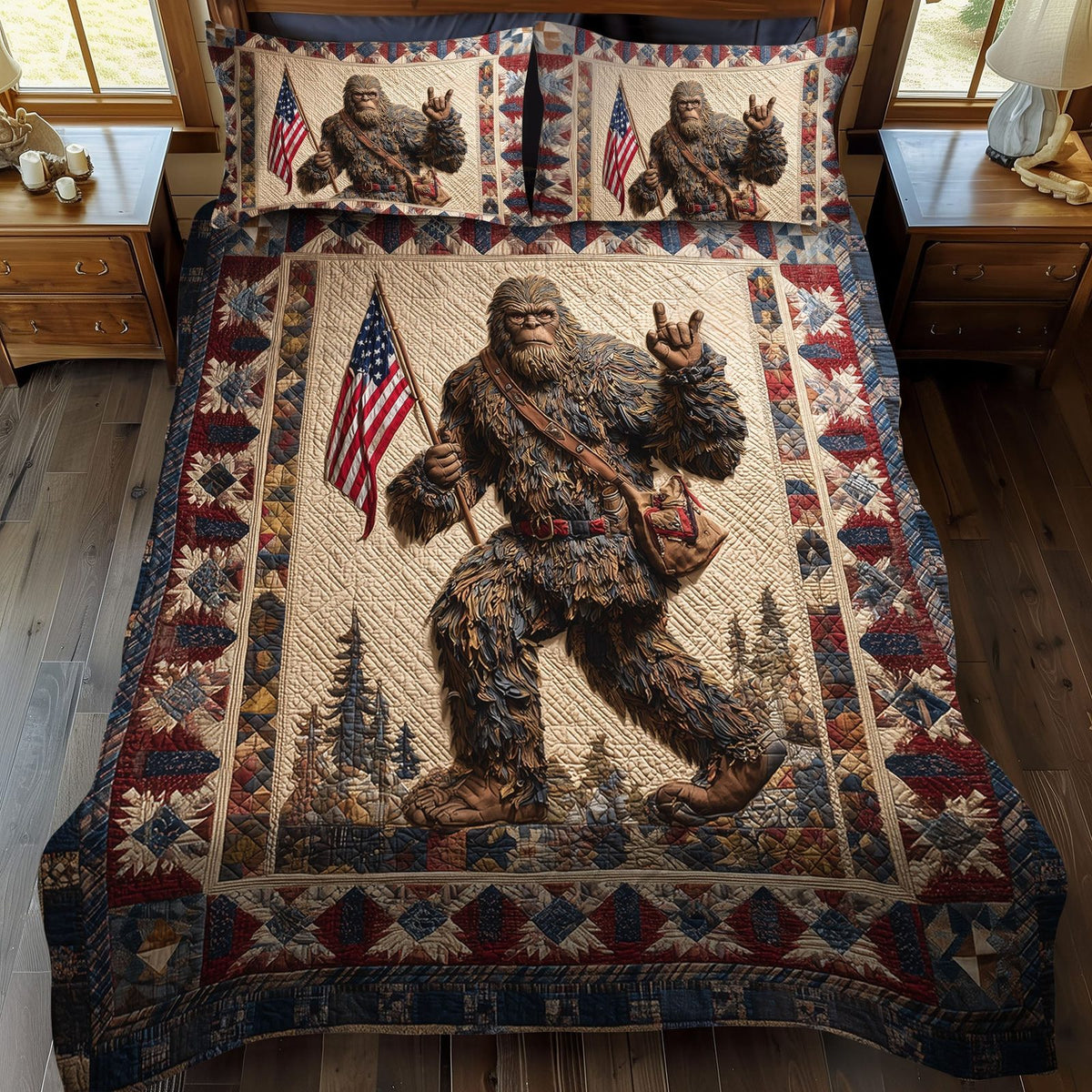 Bigfoot Independence quilted 3-piece bedding set on a made bed in a warmly lit bedroom