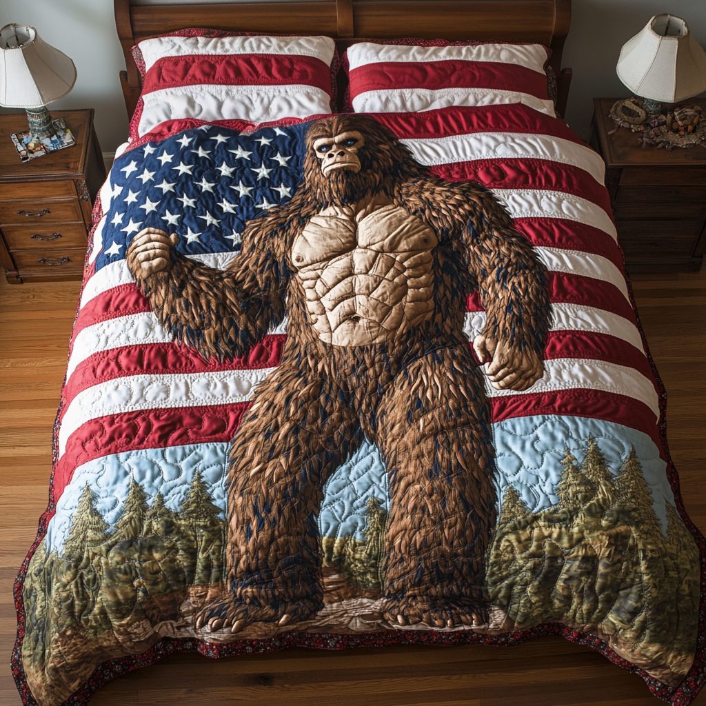 Bigfoot Pride quilted 3-piece bedding set on a made bed with two matching pillow shams