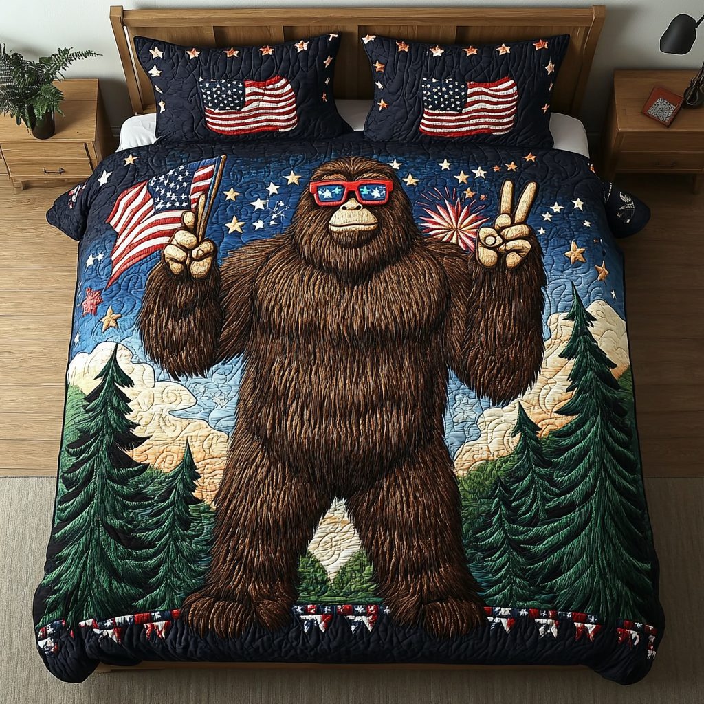 BigFoot Proud quilted 3-piece bedding set on a made bed with two matching pillow shams
