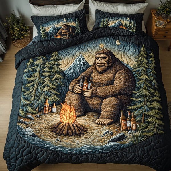 Bigfoot Quest quilted 3-piece bedding set on a made bed with two matching pillow shams