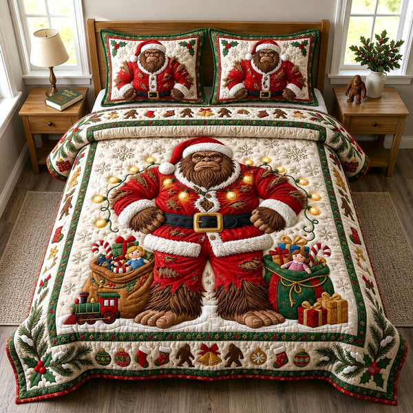 Bigfoot Santa quilted 3-piece bedding set on a made bed in a winter-styled bedroom