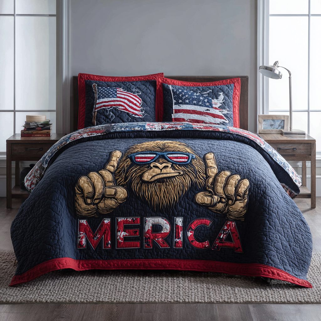 BigFoot Spirit quilted 3-piece bedding set on a made bed with two matching pillow shams