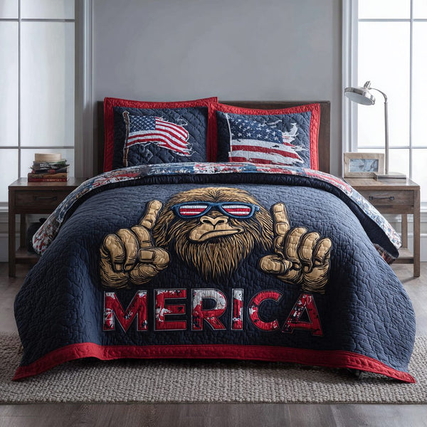 BigFoot Spirit quilted 3-piece bedding set on a made bed with two matching pillow shams