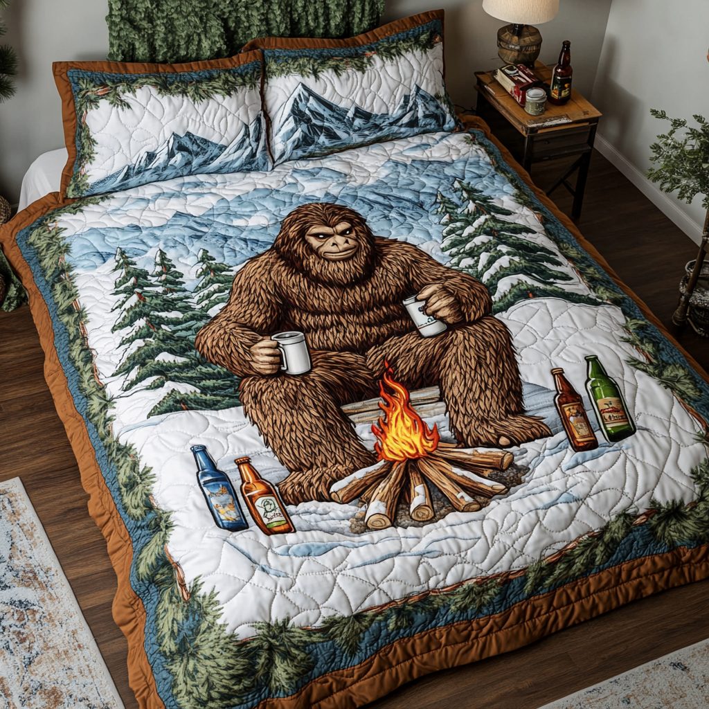 Bigfoot Tracks quilted 3-piece bedding set on a made bed with two matching pillow shams
