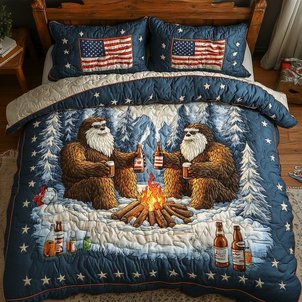 Bigfoot Trail quilted 3-piece bedding set on a made bed with two matching pillow shams
