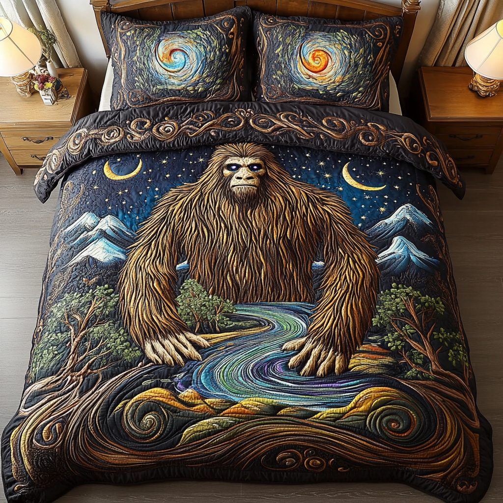 Bigfoot Trails quilted 3-piece bedding set on a made bed with two matching pillow shams