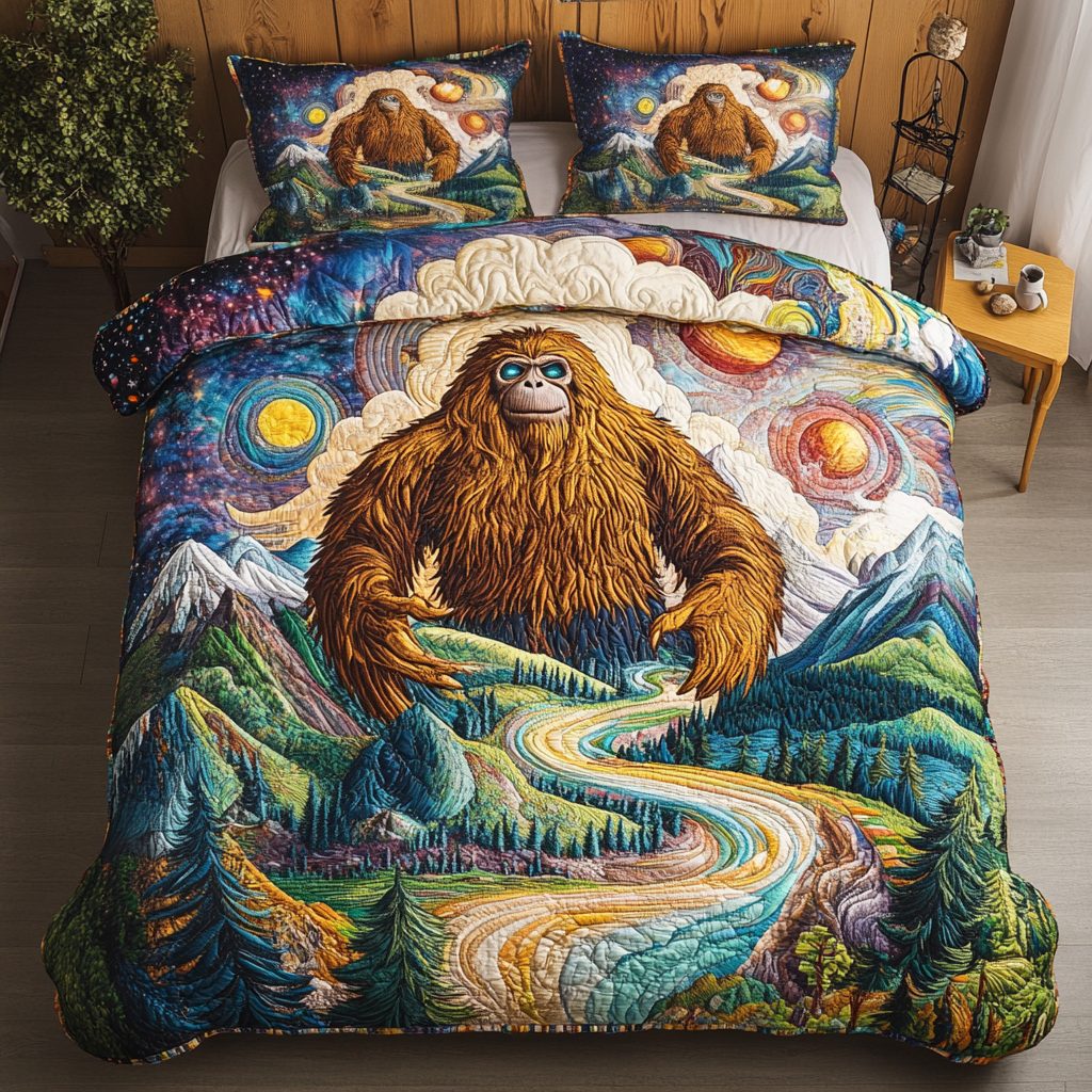 Bigfoot Wanderer quilted 3-piece bedding set on a made bed with two matching pillow shams