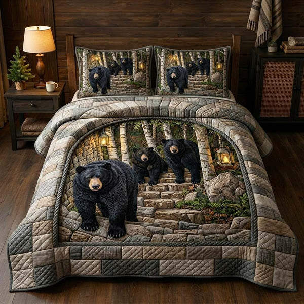 Birch Bear quilted 3-piece bedding set on a made bed with two matching pillow shams