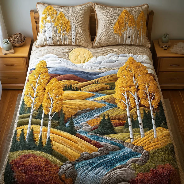 Birch Breeze quilted 3-piece bedding set on a made bed with two matching pillow shams
