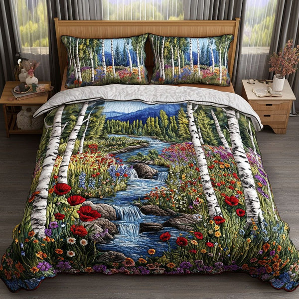 Birch Creek Meadow quilted 3-piece bedding set on a made bed with two matching pillow shams