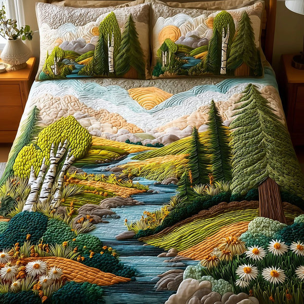Birch Dreams quilted 3-piece bedding set on a made bed with two matching pillow shams