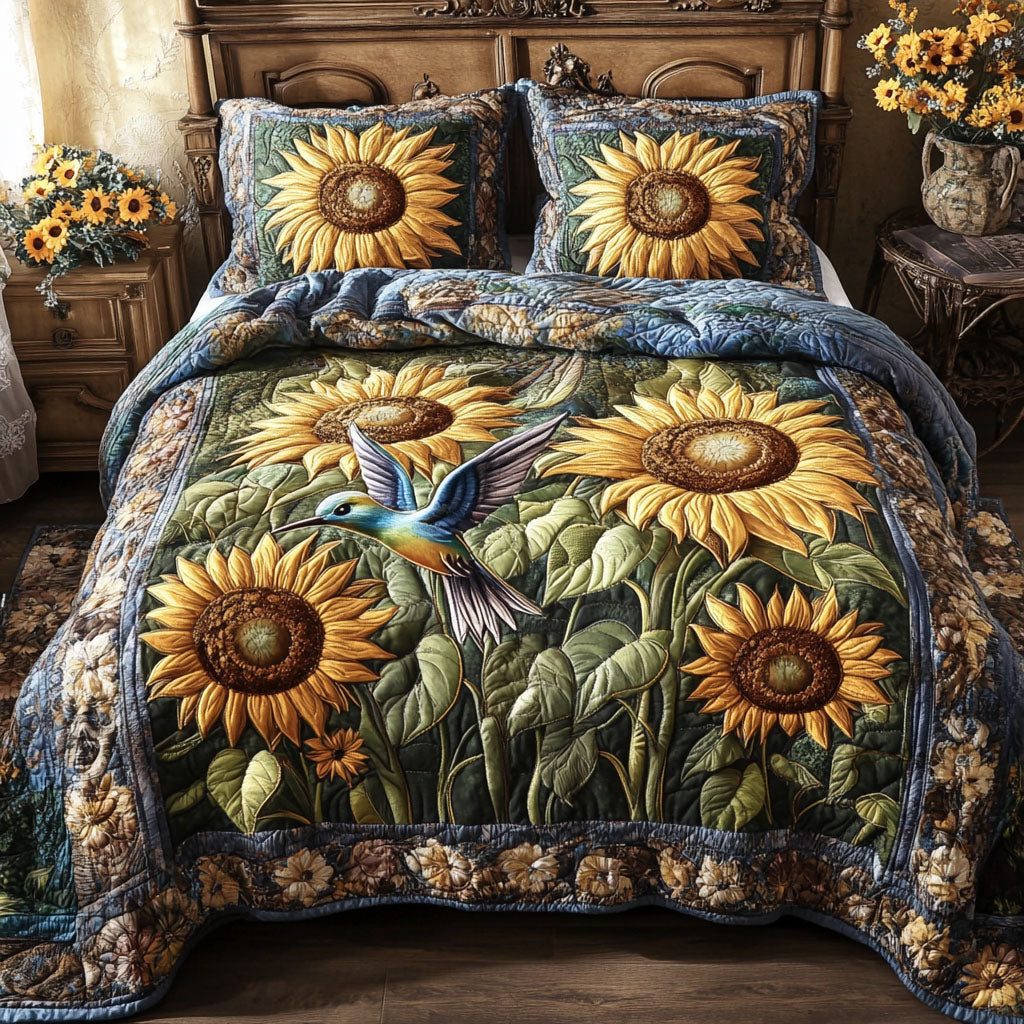 Bird and Bloom quilted 3-piece bedding set on a made bed with two matching pillow shams