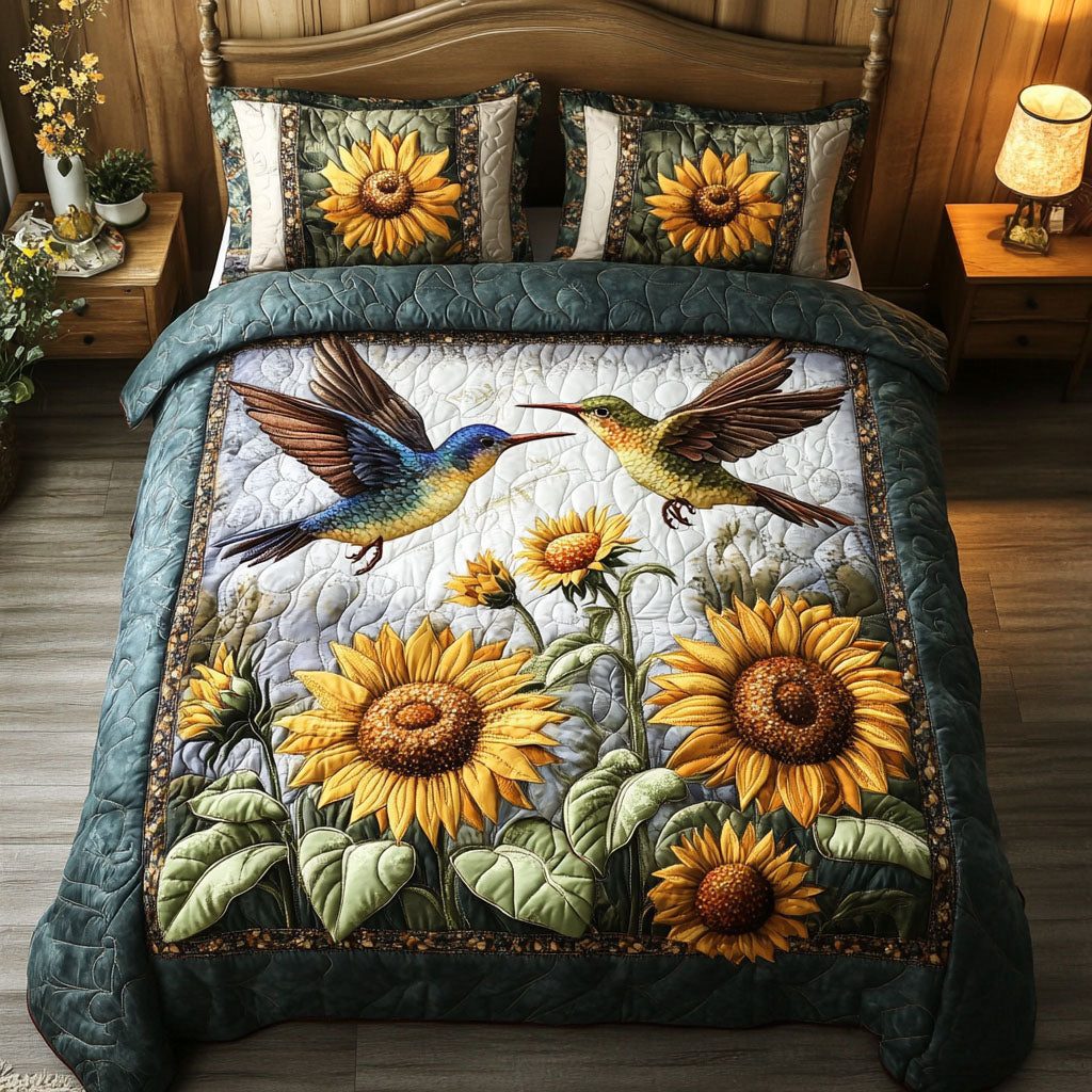 Bird and Blossoms quilted 3-piece bedding set on a made bed with two matching pillow shams