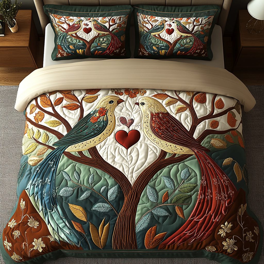 Bird Bliss quilted 3-piece bedding set on a made bed with two matching pillow shams