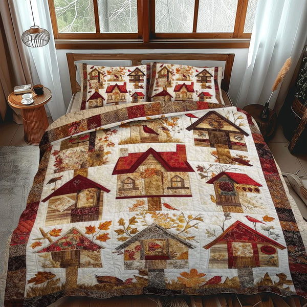 Bird House Thanksgiving quilted 3-piece bedding set on a made bed with two matching pillow shams