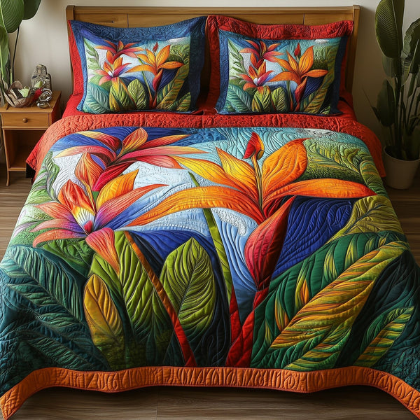 Bird Of Paradise Flower quilted 3-piece bedding set on a made bed with two matching pillow shams