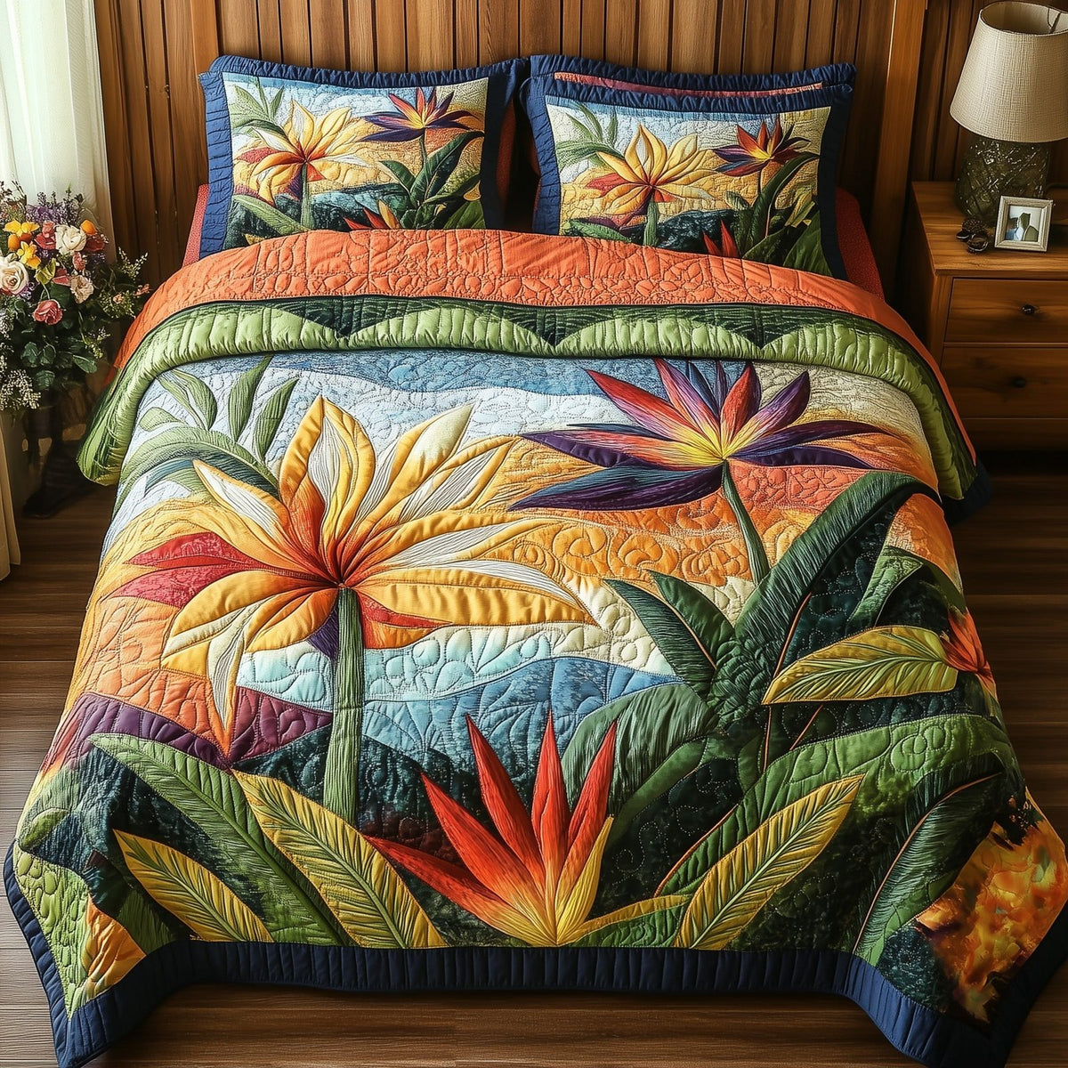 Bird Of Paradise Flower quilted 3-piece bedding set on a made bed with two matching pillow shams