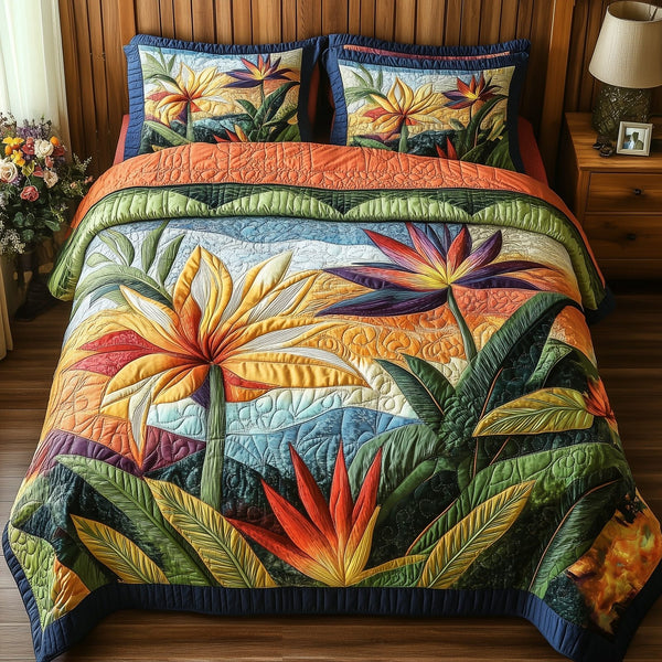 Bird Of Paradise Flower quilted 3-piece bedding set on a made bed with two matching pillow shams