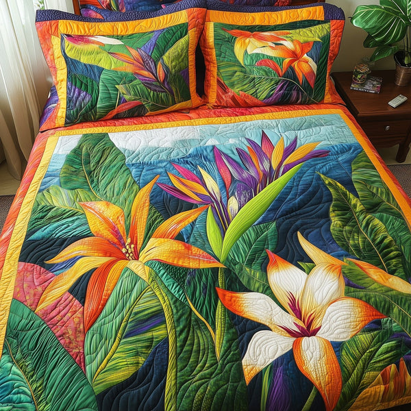 Bird Of Paradise Flower quilted 3-piece bedding set on a made bed with two matching pillow shams
