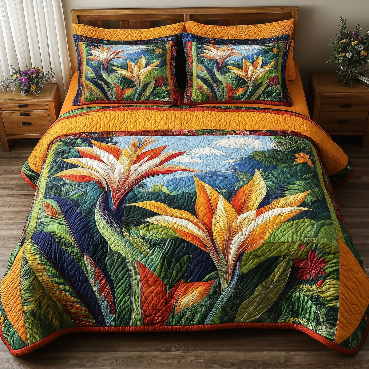 Bird Of Paradise Flower quilted 3-piece bedding set on a made bed with two matching pillow shams