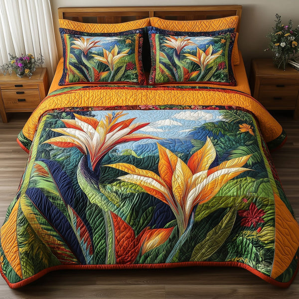 Bird Of Paradise Flower quilted 3-piece bedding set on a made bed with two matching pillow shams
