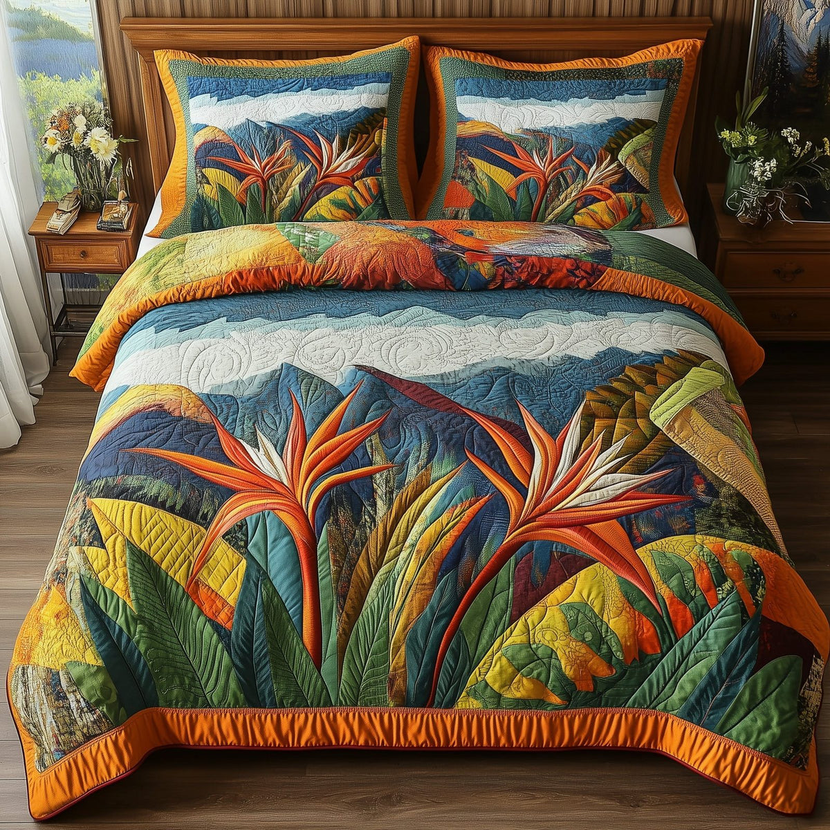 Bird Of Paradise Flower quilted 3-piece bedding set on a made bed with two matching pillow shams