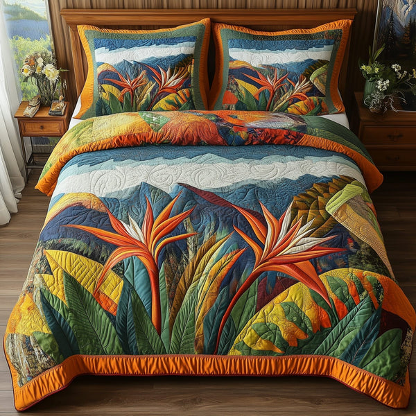 Bird Of Paradise Flower quilted 3-piece bedding set on a made bed with two matching pillow shams