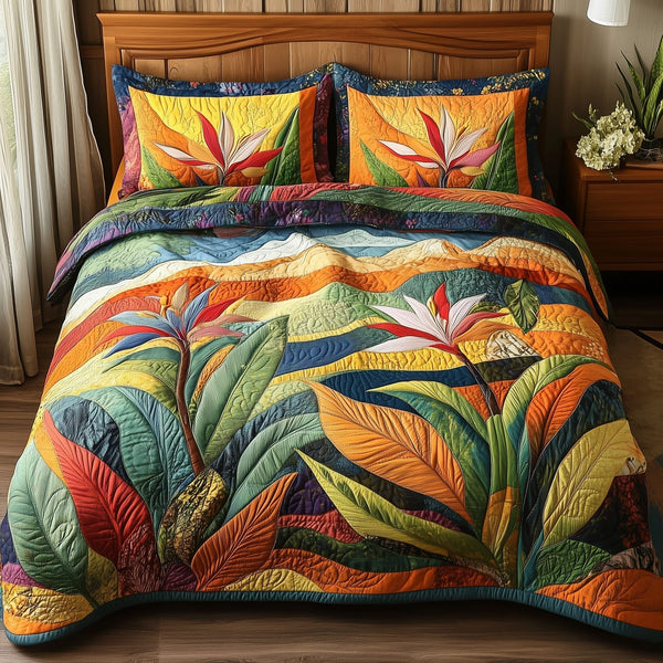 Bird Of Paradise Flower quilted 3-piece bedding set on a made bed with two matching pillow shams