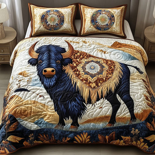 Bison Dream quilted 3-piece bedding set on a made bed in a rustic timber bedroom