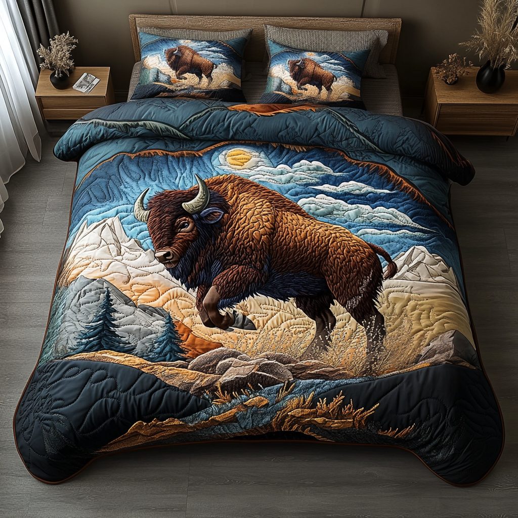 Bison Dream quilted 3-piece bedding set on a made bed in a rustic timber bedroom