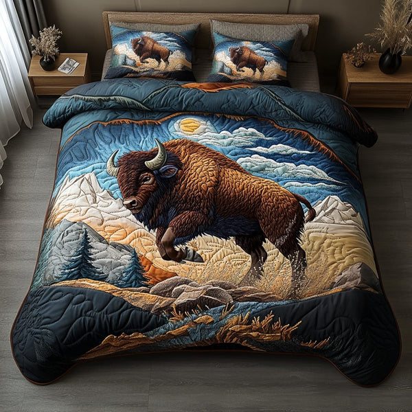 Bison Dream quilted 3-piece bedding set on a made bed in a rustic timber bedroom