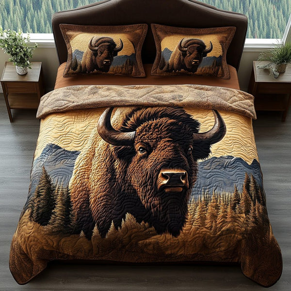 Bison Grace quilted 3-piece bedding set on a made bed in a rustic timber bedroom
