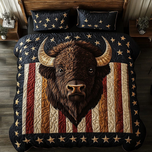 Bison Honor quilted 3-piece bedding set on a made bed in a warmly lit bedroom