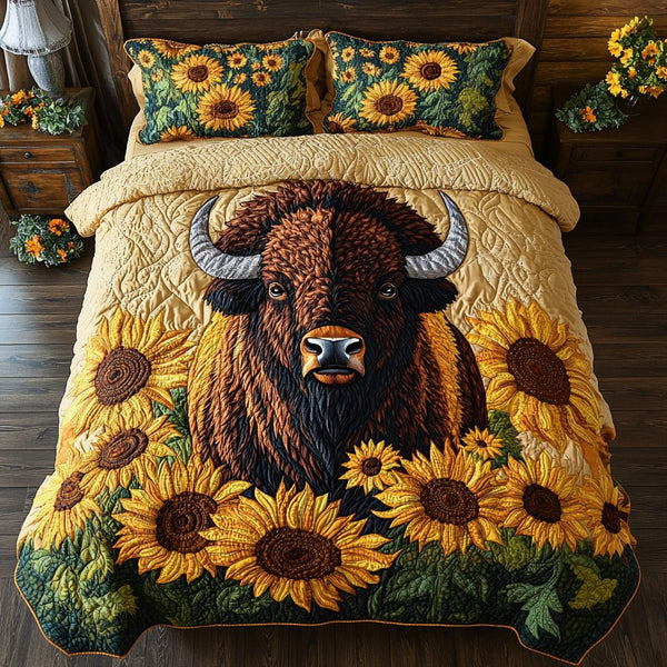 Bison Legacy quilted 3-piece bedding set on a made bed in a rustic timber bedroom