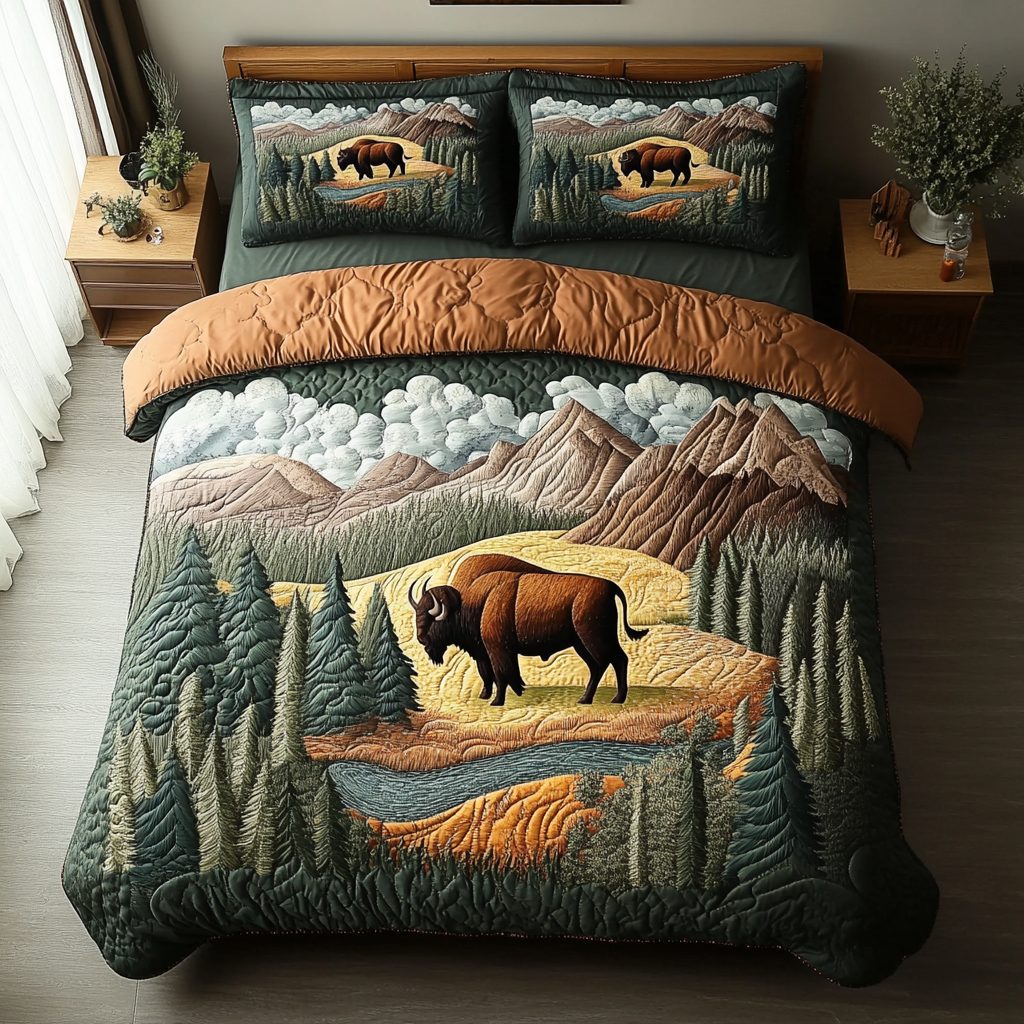 Bison Path quilted 3-piece bedding set on a made bed in a rustic timber bedroom