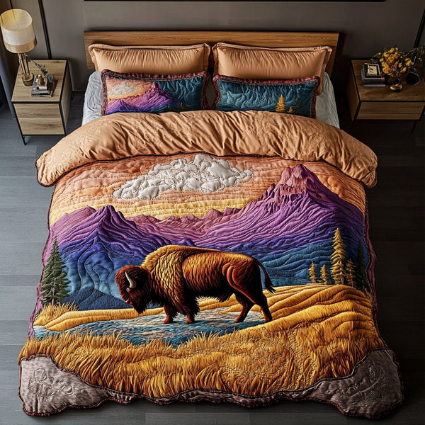 Bison Ridge quilted 3-piece bedding set on a made bed in a rustic timber bedroom