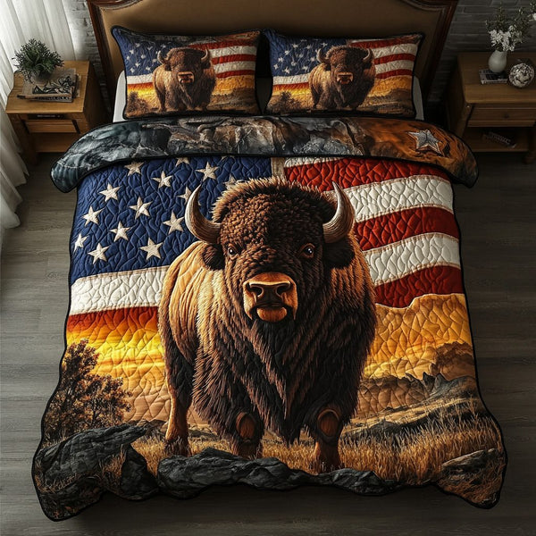 Bison Shield quilted 3-piece bedding set on a made bed in a rustic timber bedroom