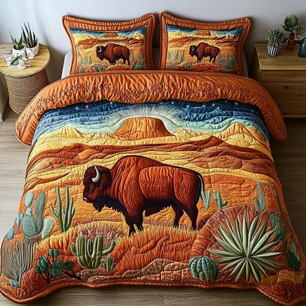 Bison Sky quilted 3-piece bedding set on a made bed in a rustic timber bedroom