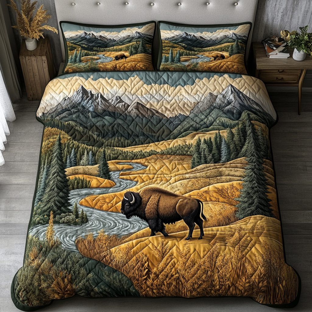 Bison Spirit quilted 3-piece bedding set on a made bed in a rustic timber bedroom